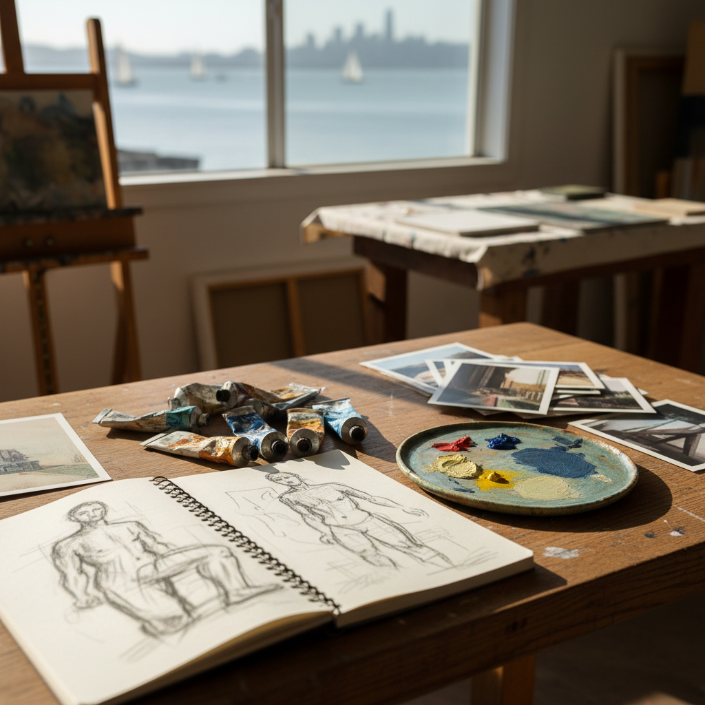A curated still life arrangement on a raw oak table inside a sunlit art studio near the Bay. An open sketchbook filled with expressive charcoal studies lies beside tubes of well-used oil paint, a ceramic palette daubed with rich pigments, and a stack of postcard-sized prints from emerging Bay Area artists. In the background, blurred easels and canvases suggest an intimate, non-corporate creative space. Soft morning light streams through an unseen window, casting refined, directional shadows and catching the texture of paper and paint. Photographic realism, captured from a slightly elevated angle with shallow depth of field, creating a calm, sophisticated mood that invites viewers into the working world of local creatives.