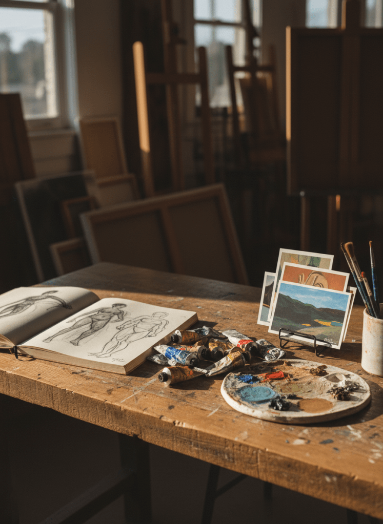 A curated still life arrangement on a raw oak table inside a sunlit art studio near the Bay. An open sketchbook filled with expressive charcoal studies lies beside tubes of well-used oil paint, a ceramic palette daubed with rich pigments, and a stack of postcard-sized prints from emerging Bay Area artists. In the background, blurred easels and canvases suggest an intimate, non-corporate creative space. Soft morning light streams through an unseen window, casting refined, directional shadows and catching the texture of paper and paint. Photographic realism, captured from a slightly elevated angle with shallow depth of field, creating a calm, sophisticated mood that invites viewers into the working world of local creatives.