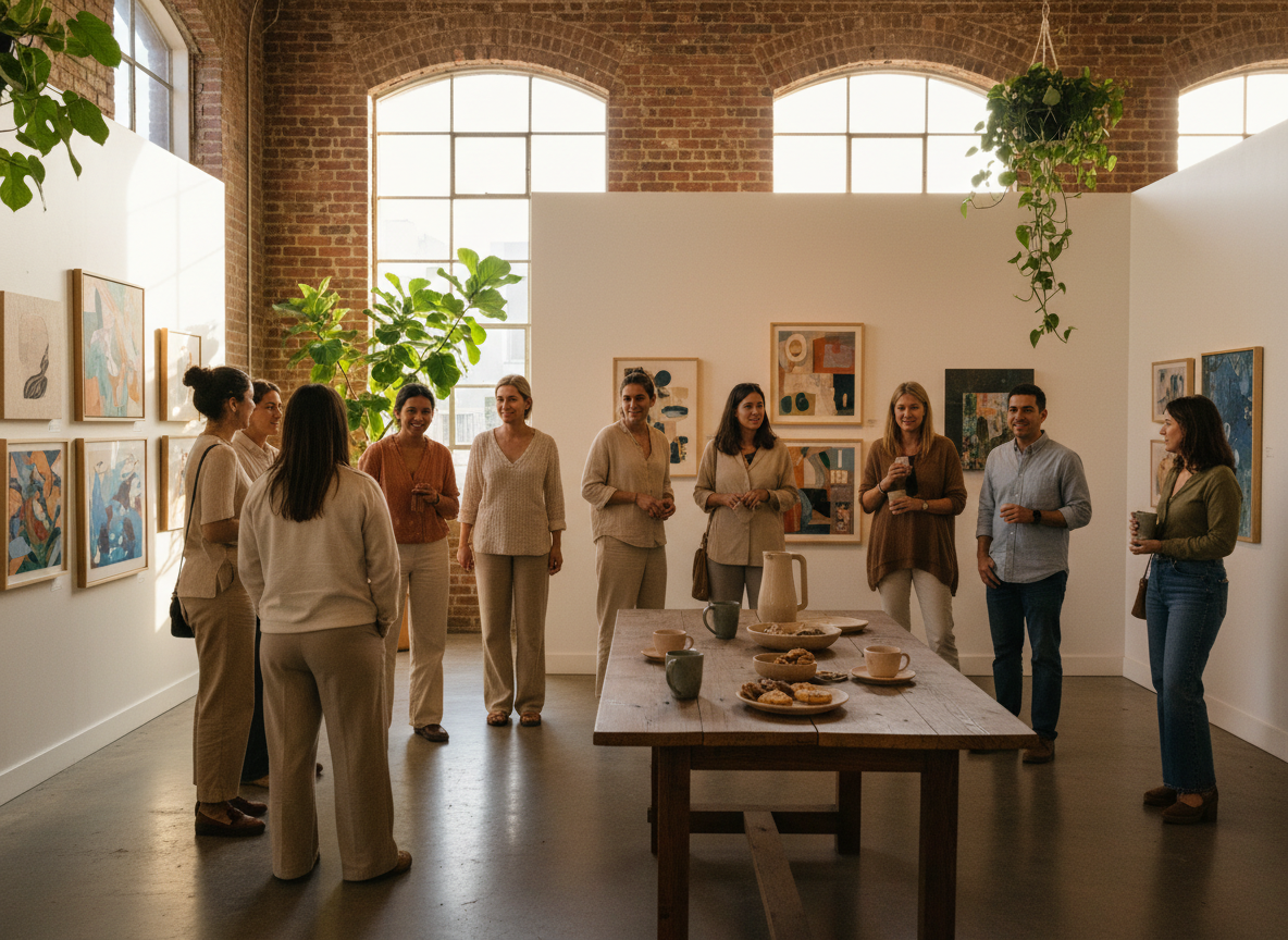 Candid warm photograph of a small community art gathering in a Bay Area space, people admiring artwork on walls