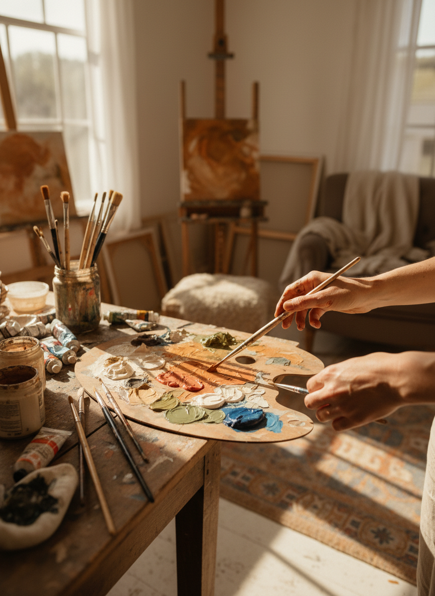 Intimate photograph of an artist's hands working on a canvas in a bright warm studio